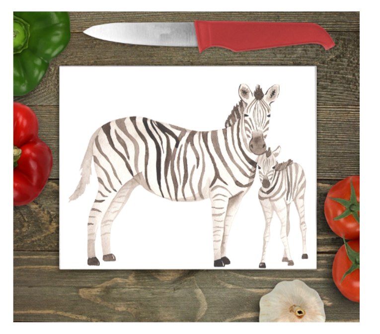 Zebra & Baby Glass Chopping Board, Zebra Glass Chopping Board